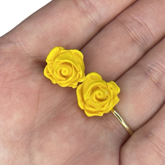 Yellow Rose Floral Stud Earrings - Picture 3 of 17